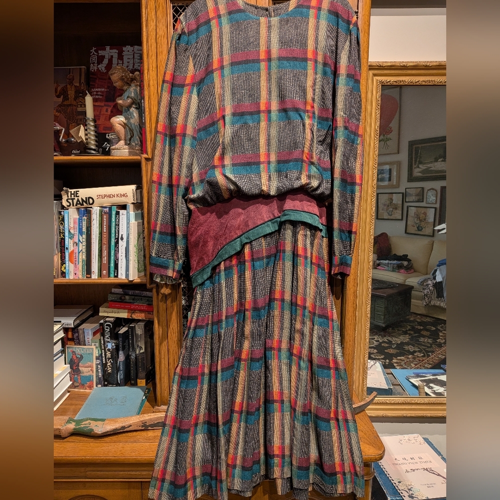 Plaid Midi Dress with Burgundy and Teal Accents